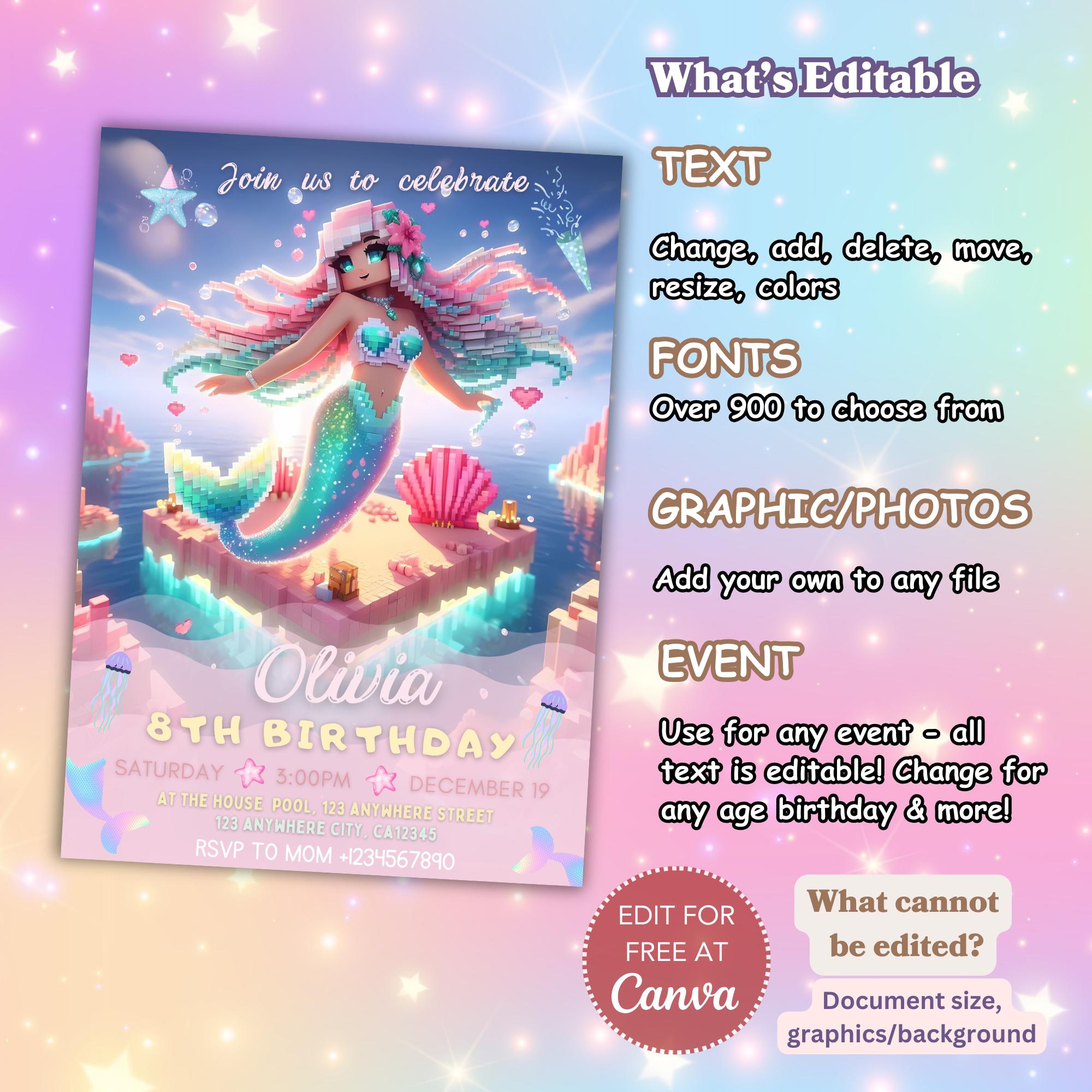 Mermaid Minecraft Birthday Invite