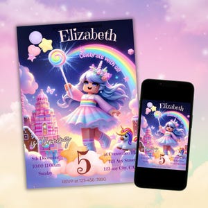 Roblox Birthday Invitation: Rainbow Unicorn Gamer Girl (Editable Canva Template, 5x7&quot; PDF)