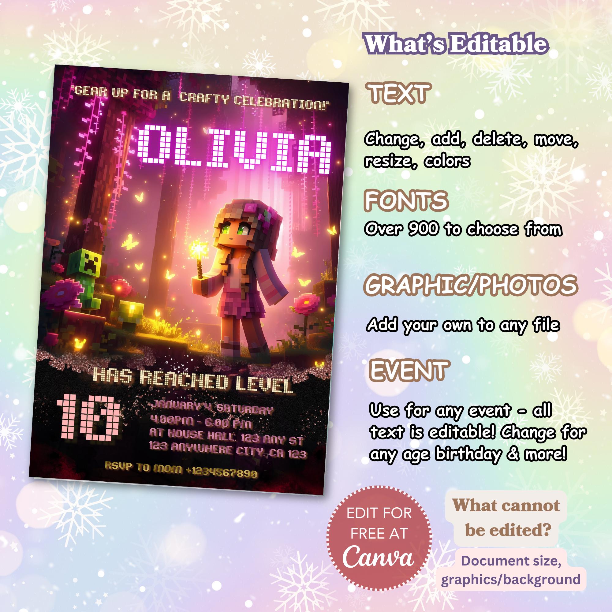 Pastel Minecraft Girl Invite – Canva Template (5x7)