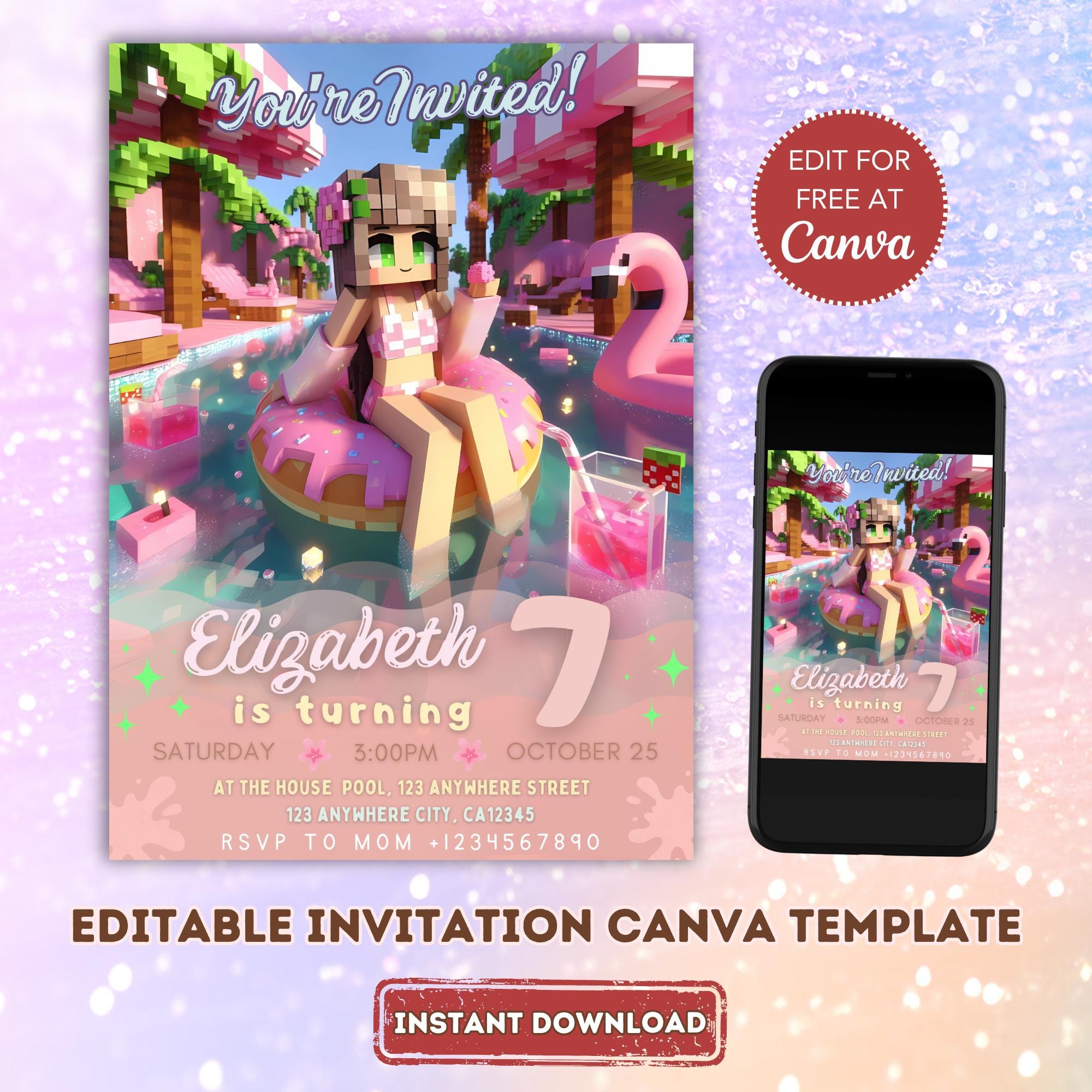 Girly Minecraft Pool Party Invite