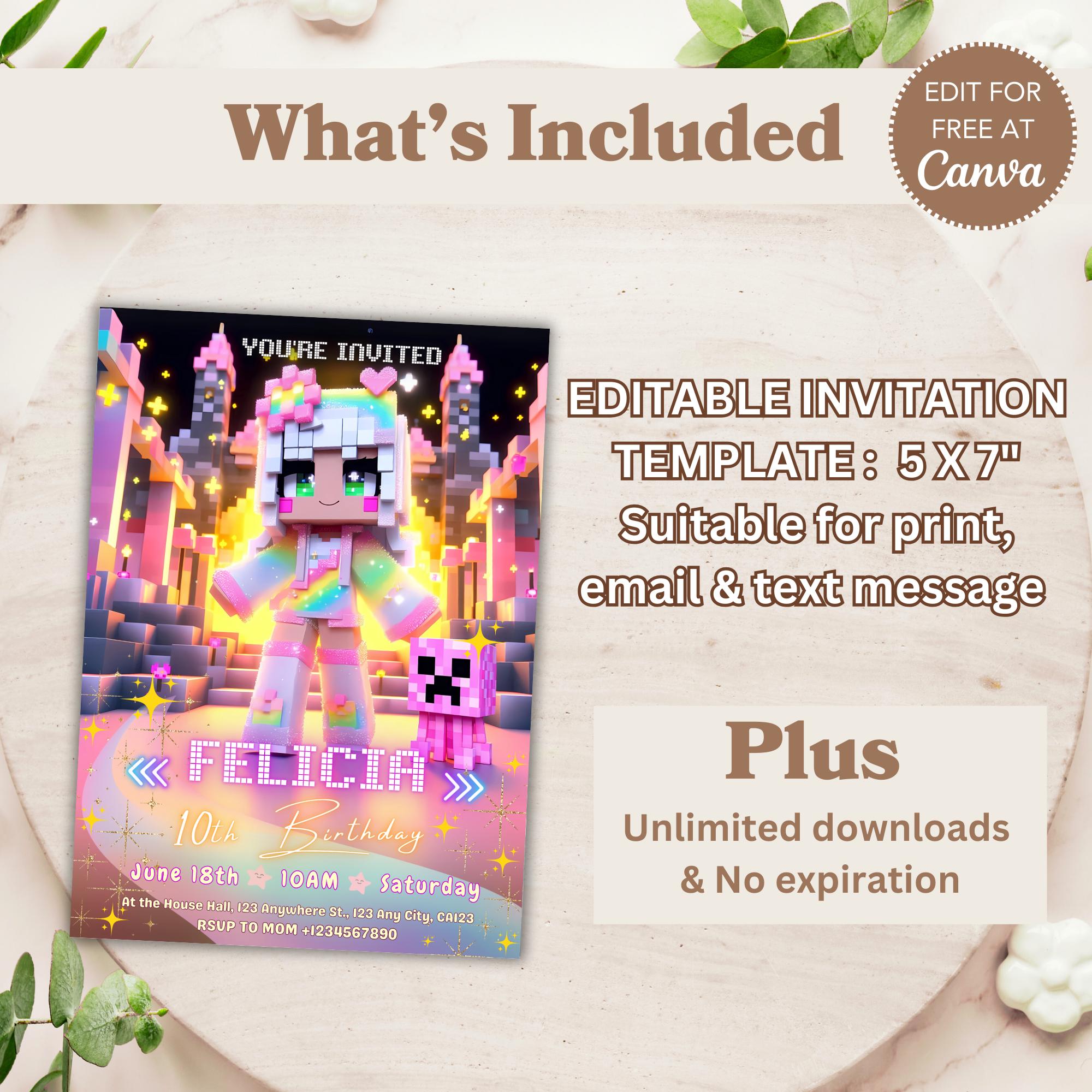 Whimsical Minecraft Girl Invite – Editable Canva Template