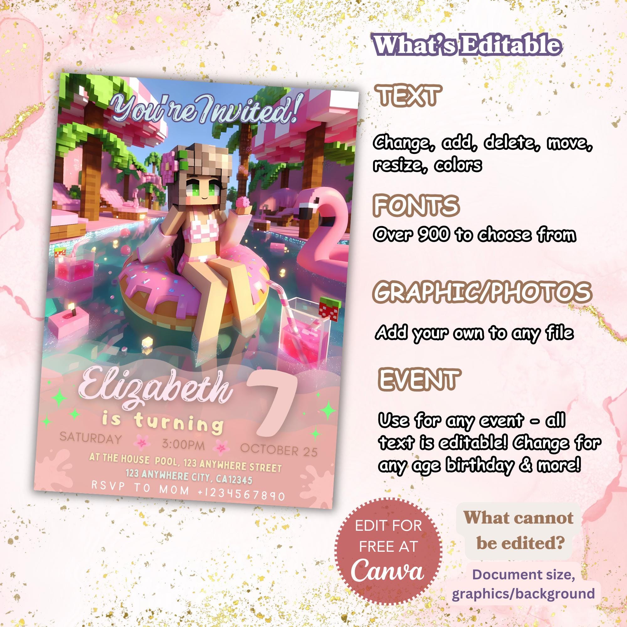 Girly Minecraft Pool Party Invite