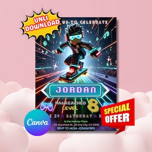 Minecraft verjaardagsuitnodiging, Minecrafter verjaardagsuitnodiging, bewerkbare canva-sjabloon, gameruitnodiging, digitale uitnodiging kinderfeestje