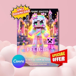 Minecraft Geburtstagseinladung, Mädchen Minecraft-Einladung, Rosa Mädchen-Einladung, bearbeitbare Gamer-Einladung, Kinderspiel druckbare einladen