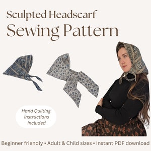 Könnte beinhalten: Ein Schnittmuster für ein geformtes Kopftuch. Das Schnittmuster enthält Anleitungen für Handquilting und ist in Erwachsenen- und Kindergrößen erhältlich. Das Schnittmuster ist als sofortiger PDF-Download verfügbar.