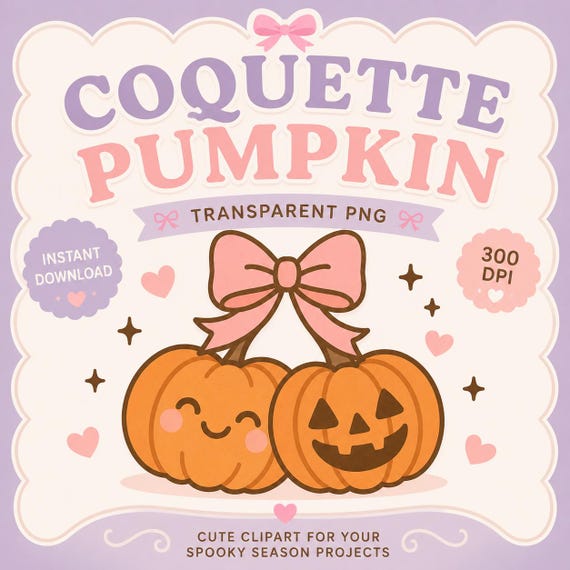 Coquette Pumpkin Clipart – Kawaii Halloween PNG with Pink Bow