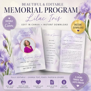Lilac Funeral Program Template | In Loving Memory Order of Service | Editable Canva Memorial Program | Iris Floral Design