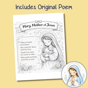 K&ouml;nnte beinhalten: Eine Schwarz-Wei&szlig;-Illustration von Maria, der Mutter Jesu, die Jesus als Baby h&auml;lt. Das Bild enth&auml;lt ein Originalgedicht und ein kleines rundes Bild von Maria. Der Text lautet "Includes Original Poem".
