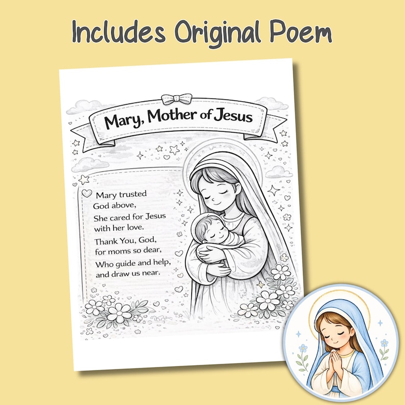 K&ouml;nnte beinhalten: Eine Schwarz-Wei&szlig;-Illustration von Maria, der Mutter Jesu, die Jesus als Baby h&auml;lt. Das Bild enth&auml;lt ein Originalgedicht und ein kleines rundes Bild von Maria. Der Text lautet "Includes Original Poem".