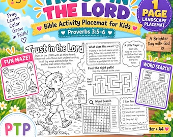 Trust in the Lord Bible Activity Placemat for Kids | Proverbs 3:5-6 KJV | Maze Word Search Coloring Prayer Printable
