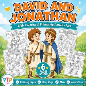 May include: A digital activity pack titled David and Jonathan Bible Coloring & Friendship Activity Pack. It features two illustrated figures in ancient attire, surrounded by coloring pages, a maze, and story pages with text. Includes 6 pages.