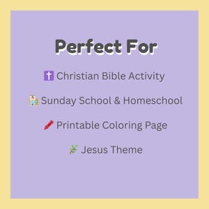 Purple and yellow slide listing ideal uses for the printable, including Christian Bible activity, Sunday school, homeschool, and coloring pages.