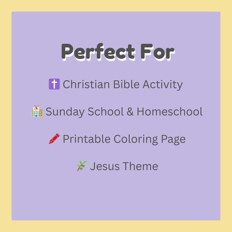 Purple and yellow slide listing ideal uses for the printable, including Christian Bible activity, Sunday school, homeschool, and coloring pages.