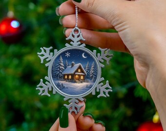Christmas Gift Snowflake Ornament, Cozy Winter Cabin Christmas Decoration, Snowy Cottage Ornament, Rustic Holiday Gift