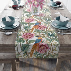 Floral Bird Table Runner, Vintage Table Decor for Weddings, Home Decor, Spring Season, Housewarming Gift, Boho Dining Table Accessory