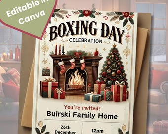 Plantilla editable de invitación para fiesta del Boxing Day en Canva. Invitación para celebrar el Boxing Day. Descarga digital para reuniones festivas. Impresión de la fiesta del Boxing Day.