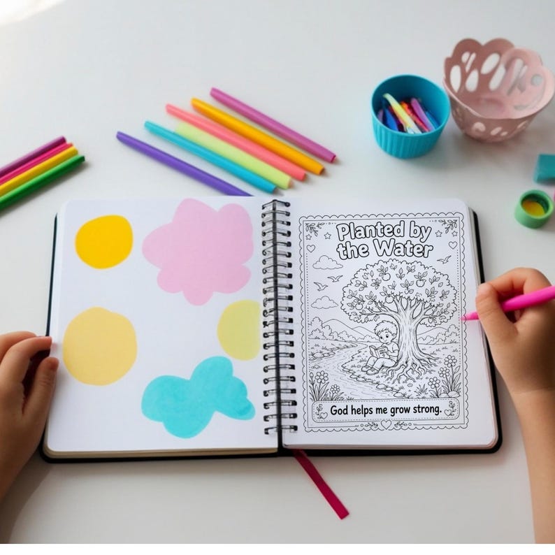 May include: An open spiral-bound coloring book with the text "Planted by the Water" and a tree illustration. The book is surrounded by colorful markers, a small blue container, and a pink pen. The page is being colored with a pink marker.