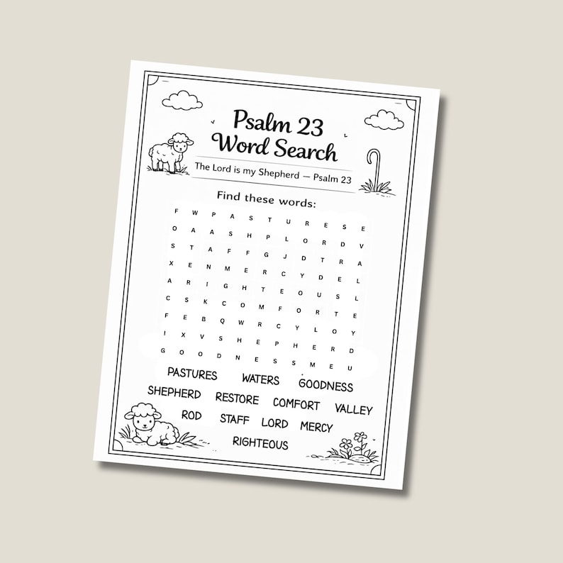 Psalm 23 word search printable worksheet for Sunday school children