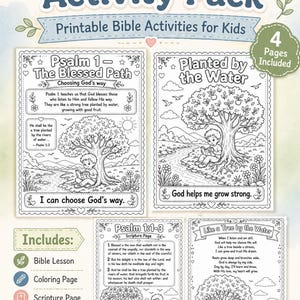 May include: A printable Psalm 1 Activity Pack for kids, featuring four pages of Bible activities. Includes a Bible lesson, coloring page, scripture page, and poem page. The pack has illustrations of trees and children.