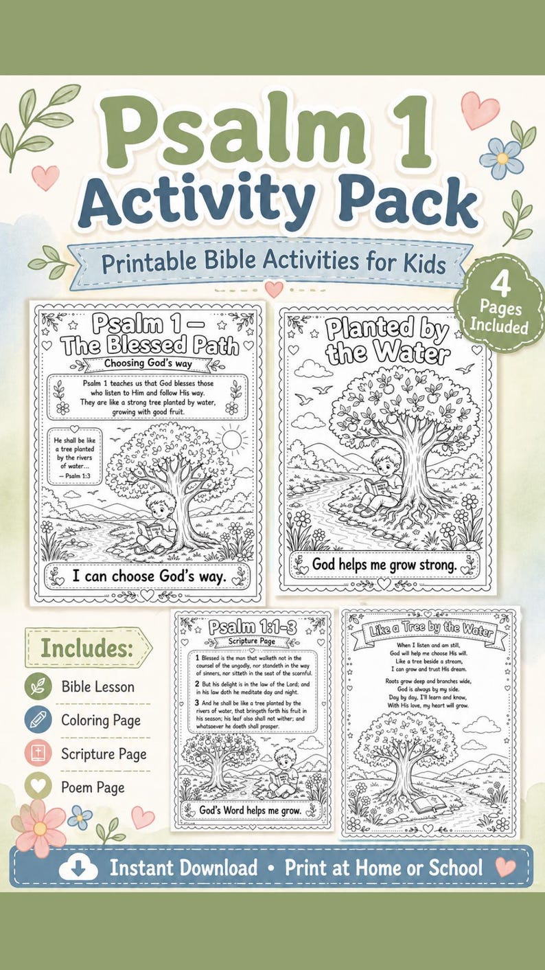 May include: A printable Psalm 1 Activity Pack for kids, featuring four pages of Bible activities. Includes a Bible lesson, coloring page, scripture page, and poem page. The pack has illustrations of trees and children.