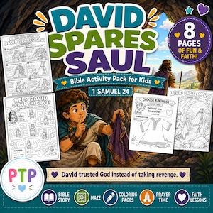 May include: A Bible activity pack for kids titled David Spares Saul, featuring 8 pages of fun and faith. Includes black and white coloring sheets, a maze, and memory verses. The cover shows a cartoon illustration of David holding a purple robe.