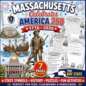 Op de afbeelding: Een printbare activiteitenset getiteld Massachusetts Celebrates America 250, met historische illustraties van Plymouth Rock, een koloniaal schip, een soldaat en het State House. Bevat woordzoekers, doolhoven en leuke weetjes op zeven pagina's.
