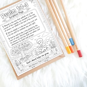 May include: A coloring page with the text "Psalm 1:1-3 Scripture Page" and an illustration of a child reading. The page is accompanied by four pencils with colored tips. The text "God's Word helps me grow" is also present.