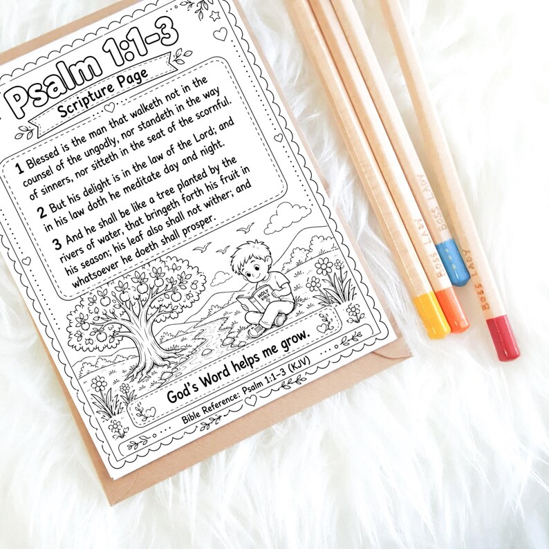 May include: A coloring page with the text "Psalm 1:1-3 Scripture Page" and an illustration of a child reading. The page is accompanied by four pencils with colored tips. The text "God's Word helps me grow" is also present.