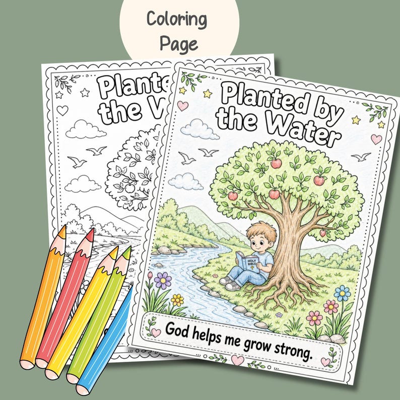 May include: Two coloring pages with the text "Planted by the Water" and "Plante the V". The pages feature illustrations of a tree, a river, and a child reading. Colored pencils in orange, red, yellow, green, and blue are on the left. The text "God helps me grow strong" is at the bottom.