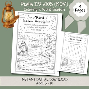May include: A digital download colouring and word search activity for ages 5-10. The design features the text "Psalm 119 v105" and the phrase "Your Word Is a Lamp Unto My Feet." Includes a path to trace and a word search puzzle.