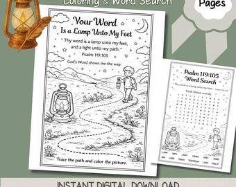 Psalm 119:105 Coloring Page & Word Search Your Word is a Lamp Unto My Feet Kids Bible Verse Activity Printable Set Christian Sunday School