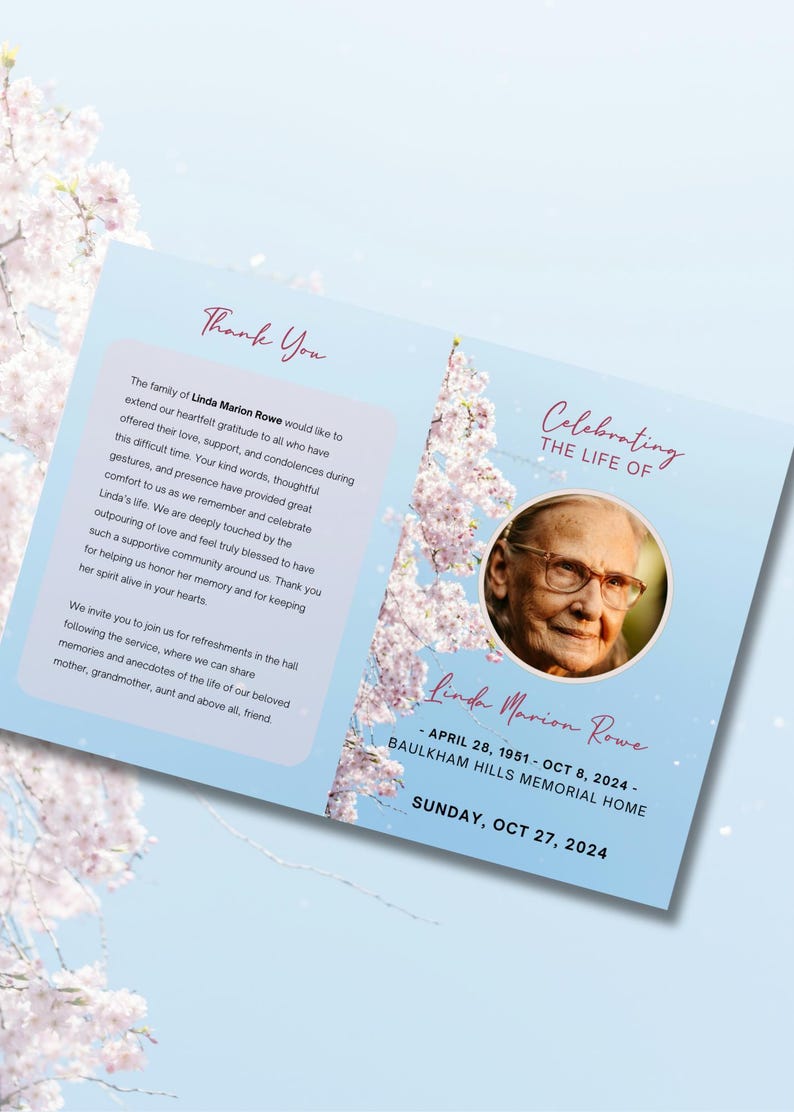 Custom Memorial Service Pamphlet Template Cherry Blossom Bifold Program