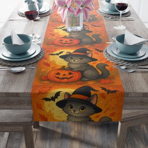 Witch Cat Halloween Table Runner: Spooky Autumn Dining Decor
