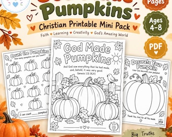 God Made Pumpkins Printable for Kids Christian Fall Coloring & Counting Activities Sunday School Pumpkin Activity Genesis 1:31 KJV