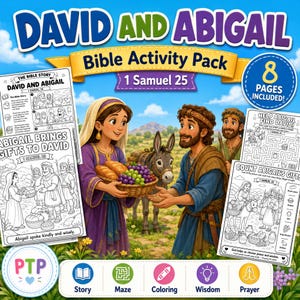 Könnte beinhalten: Ein David und Abigail Bibel-Aktivitätspaket mit 8 Seiten zum Ausmalen und Rätseln. Das Cover zeigt eine farbenfrohe Illustration von David und Abigail mit einem Esel sowie schwarz-weiße Arbeitsblätter mit Texten, darunter 1 Samuel 25.