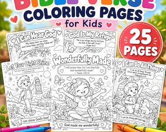 Bible Verse Coloring Pages for Kids | 25 Christian Coloring Pages Bundle Sunday School Homeschool Printable PDF Scripture Coloring Activity