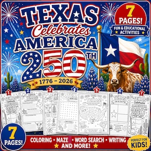 Op de afbeelding: Een kleurrijk educatief activiteitenboek met de titel "Texas Celebrates America 250th". De omslag toont de vlag van Texas, een longhorn en de tekst "Texas Celebrates America 250th 1776-2026". Bevat kleurplaten, doolhoven, woordzoekers en schrijfactiviteiten.