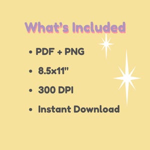 K&ouml;nnte beinhalten: Hellgelber Hintergrund mit dem Text "What's Included" in Lila und Rosa. Der Text listet PDF + PNG, 21,59 x 27,94 cm, 300 DPI und Sofort-Download auf. Wei&szlig;e Sternschnuppen-Grafiken befinden sich auf der rechten Seite.