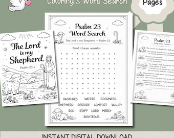 Psalm 23 Christian Coloring & Word Search Pattern Activity Bundle PDF Ages 5-10 Sunday School Homeschool Kids Bible Activity