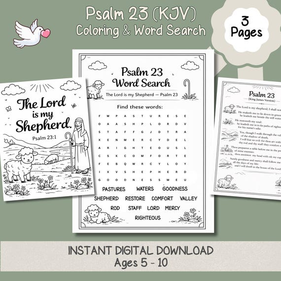 Psalm 23 Christian Coloring & Word Search Pattern Activity Bundle PDF Ages 5-10 Sunday School Homeschool Kids Bible Activity