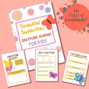 Diario de gratitud para niños: Páginas de actividades de mindfulness con temática de mariposas / PDF imprimible en formato A4 y carta / Descarga instantánea