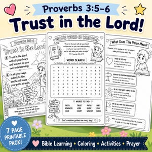 May include: A seven-page printable activity pack featuring black and white illustrations for children. The pages include Bible verses from Proverbs 3:5-6, word search puzzles, and educational text about trusting in the Lord, all presented in a clear, readable font.