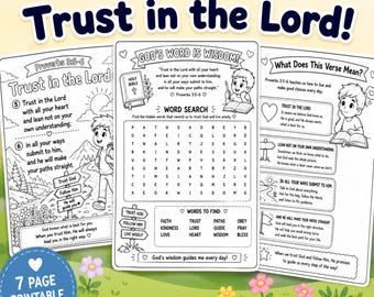Trust in the Lord Bible Activity Pack |  Proverbs 3:5-6 Coloring Word Search & Prayer Pages | Sunday School Homeschool Printable Christian