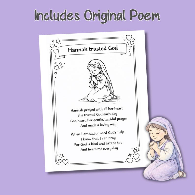 Purple slide showing the Hannah trusted God poem page with original faith-based poem for children.