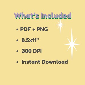 Yellow What’s Included slide listing PDF and PNG files, 8.5x11 size, 300 DPI, and instant download.