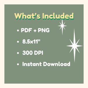 May include: A digital product graphic with the text "What's Included" in yellow-green. The bullet points list "PDF + PNG", "8.5x11", "300 DPI", and "Instant Download". Two white starbursts are on the right side of the image. The background is a muted green.
