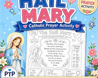Ave Maria Gebet für Kinder Traditionelles katholisches Gebet im Alter von 5-9 Print & Farbe Aktivitätsblatt Sonntagsschule Homeschool Malseite