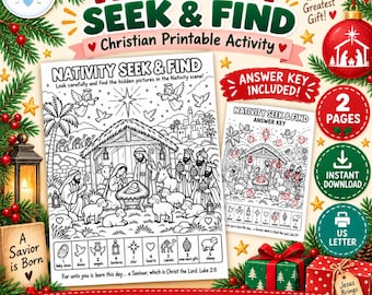 Nativity Seek & Find Printable for Kids Christian Christmas Activity Sunday School Worksheet Bible Christmas Game Answer Key