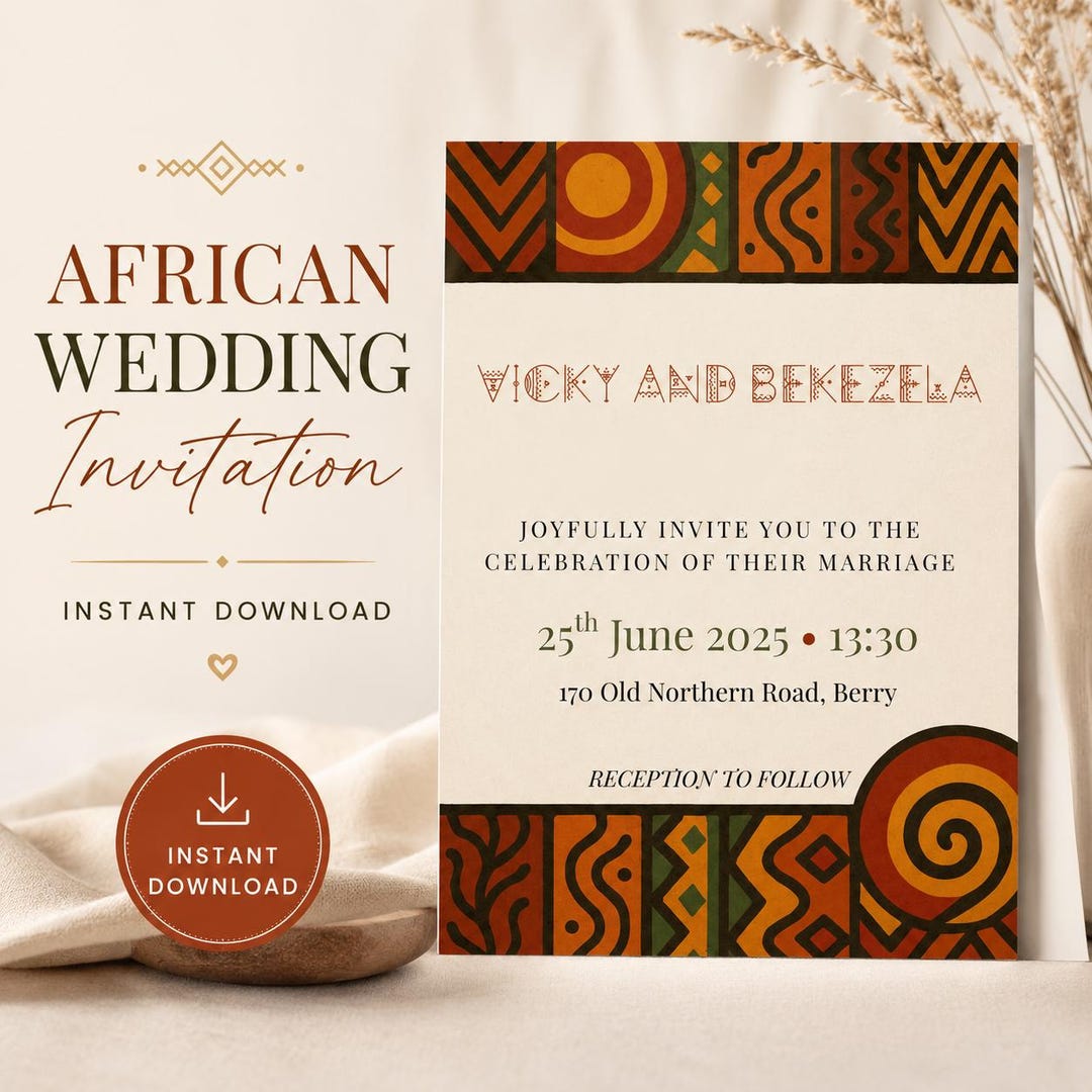 African Wedding Invitation Template & Details Card Tribal Pattern ...