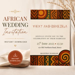 Mall för afrikanskt bröllopsinbjudningskort och detaljer, tribalmönster, bröllopsinbjudningsmall, redigerbar digital inbjudan, afrocentrisk bohemisk canvas